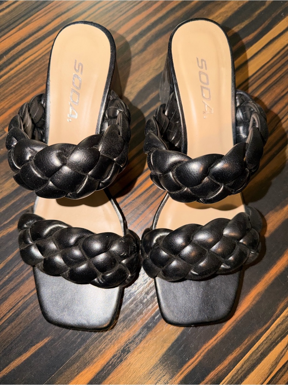 Soda Women’s Black  Braided Double Strap Slide Heels - Size 7